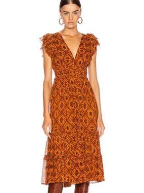 Ulla Johnson Anika Midi Silk Dress Ochre Indian Floral Ruffles tiered skirt sz 6